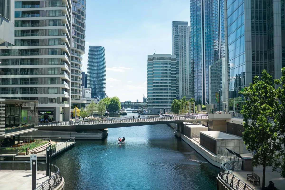 Illustrative stock photograph: Office towers around the docks in the Canary Wharf financial district.