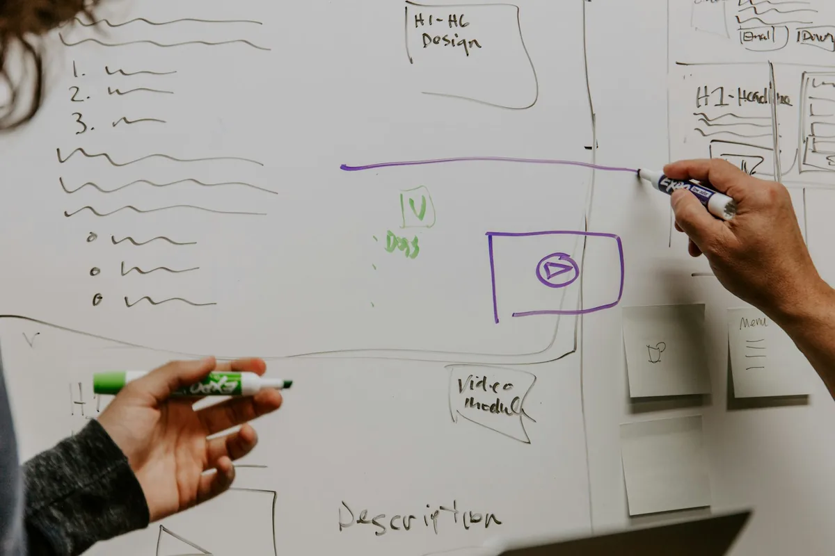 Colleagues developing a shared plan on an office whiteboard