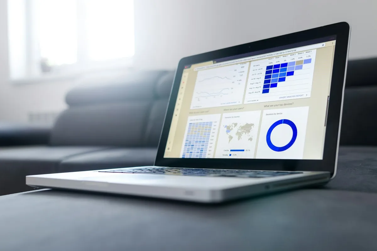 Laptop displaying a dashboard of charts and business reports