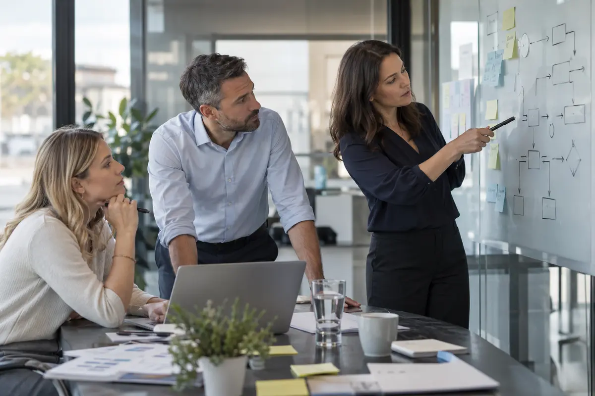 Business analysts mapping requirements and decisions during a working session