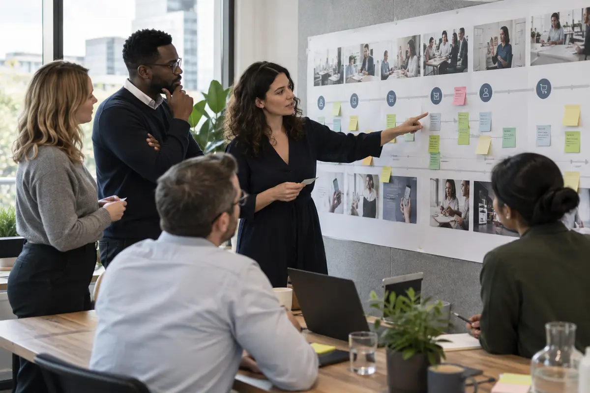 Customer and technology team reviewing a CRM transformation journey