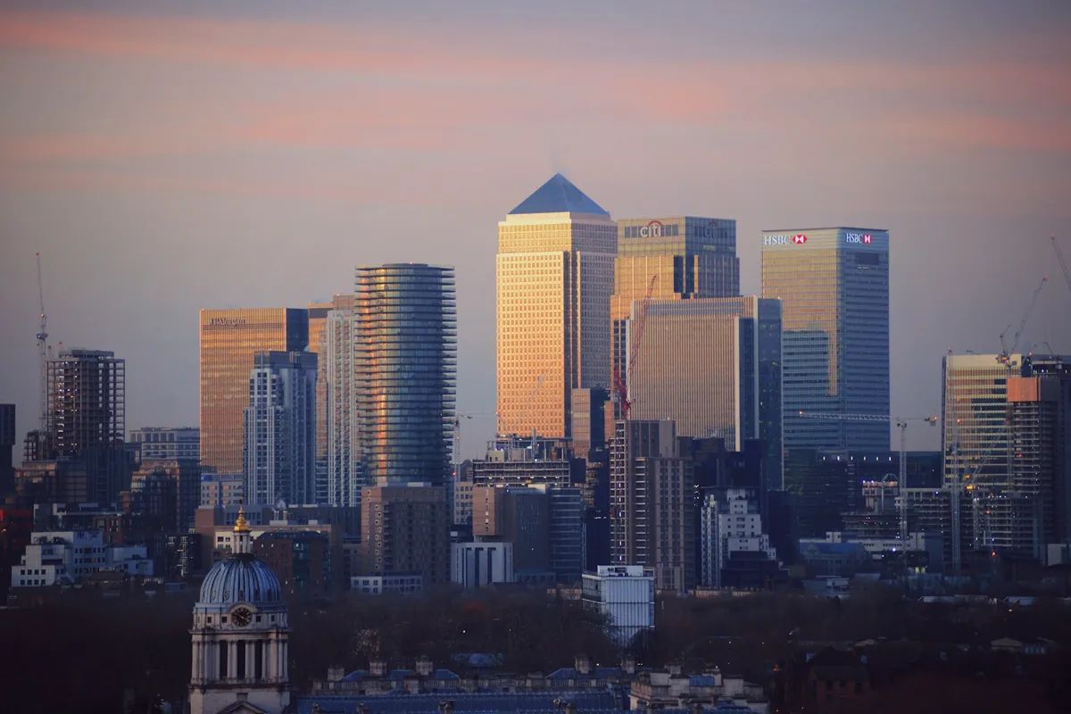 Canary Wharf financial district towers in evening light