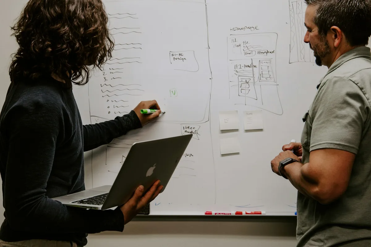 Business colleagues mapping requirements on a process whiteboard