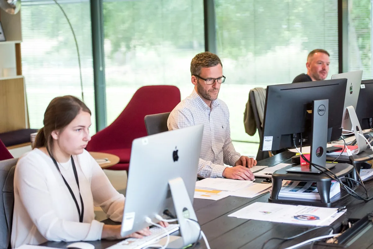Customer service staff working at desktop computers