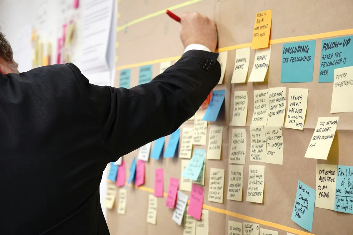 A facilitator updates a planning wall organised into work stages with sticky notes.