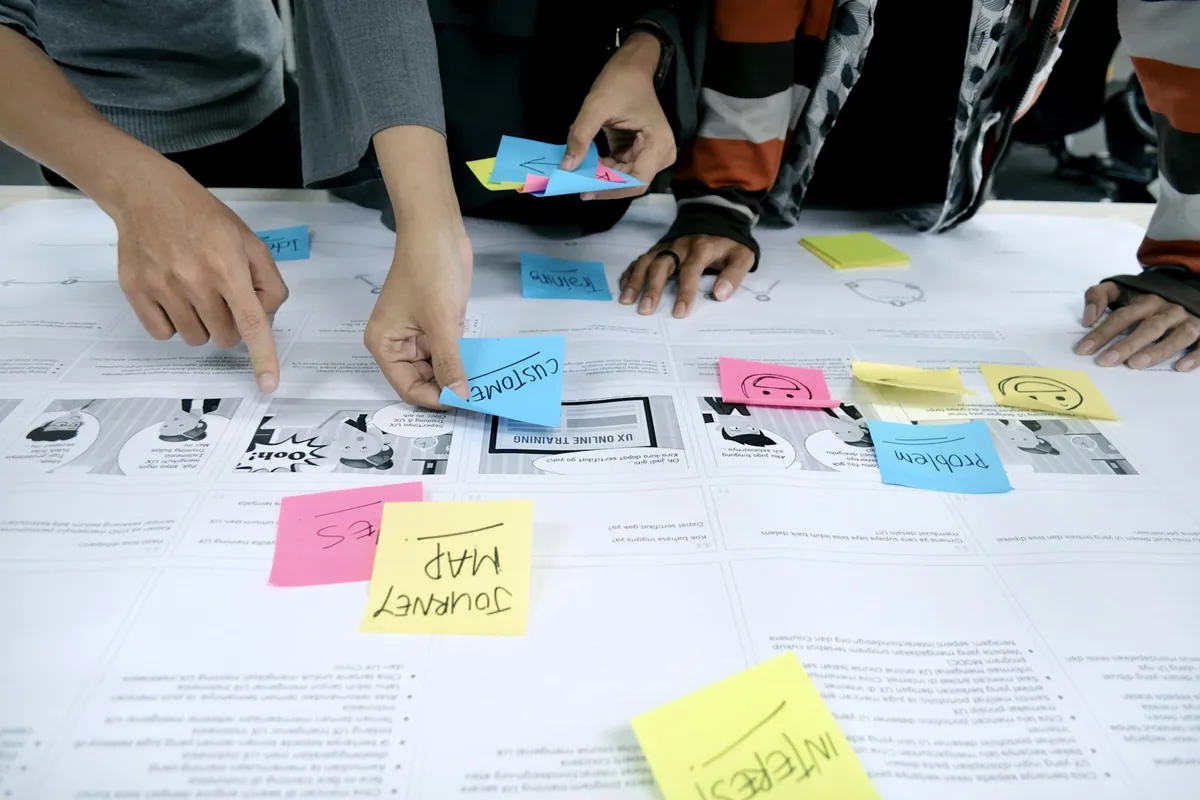 Colleagues work through a customer journey map with printed plans and sticky notes.